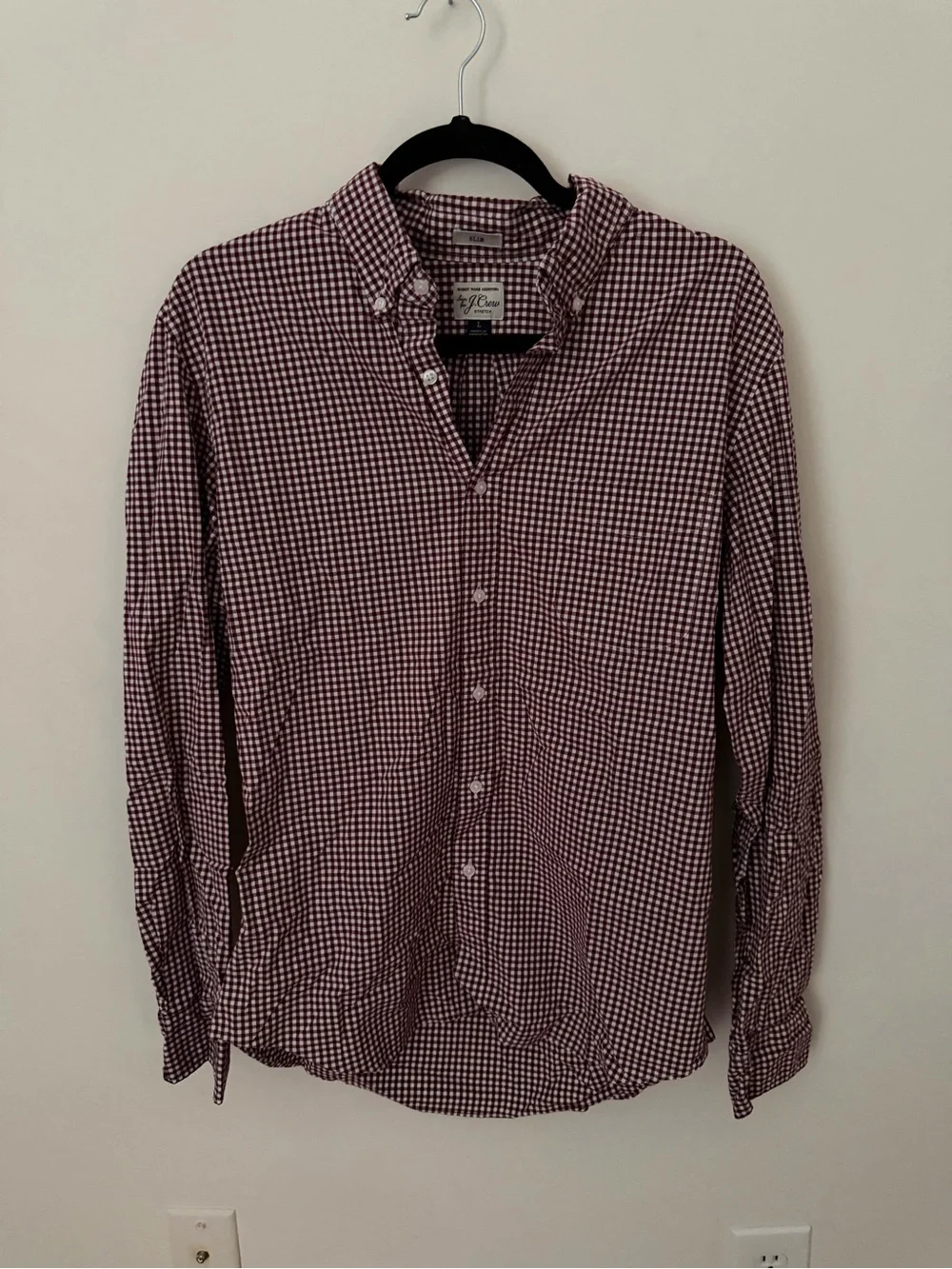 J. Crew Men's Burgundy and White Gingham Button-Down Shirt